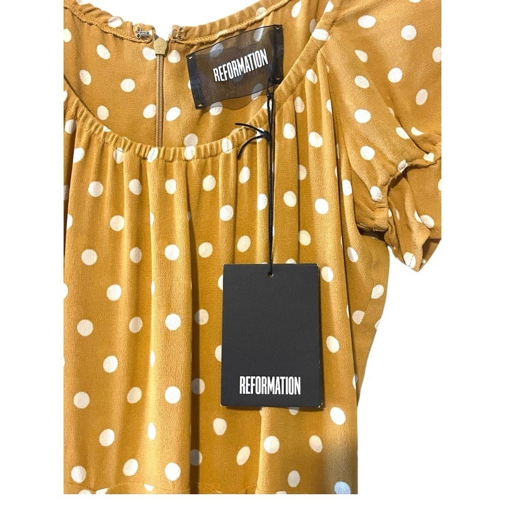 Reformation Polka Dot Mini Dress Mustard Yellow Puff Sleeve Smocked Waist size 0