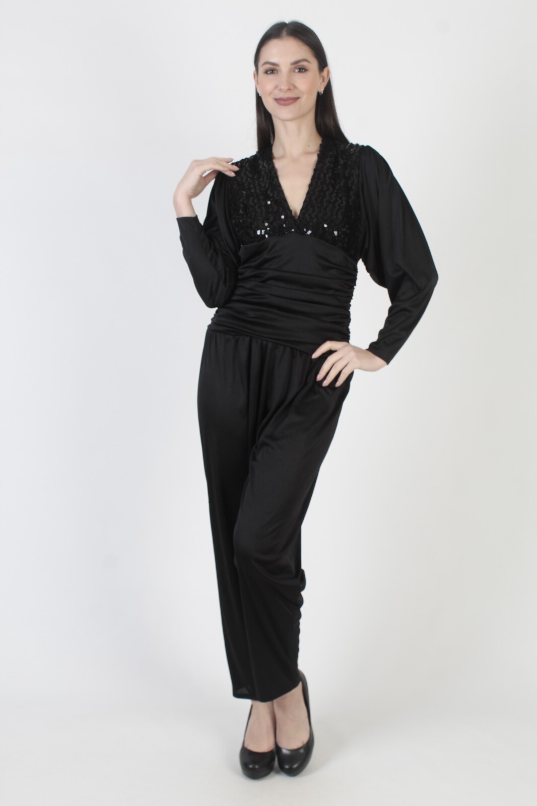 Vintage 80s Black Sequin Jumpsuit Deep V Open Back Backless Disco Maxi Playsuit