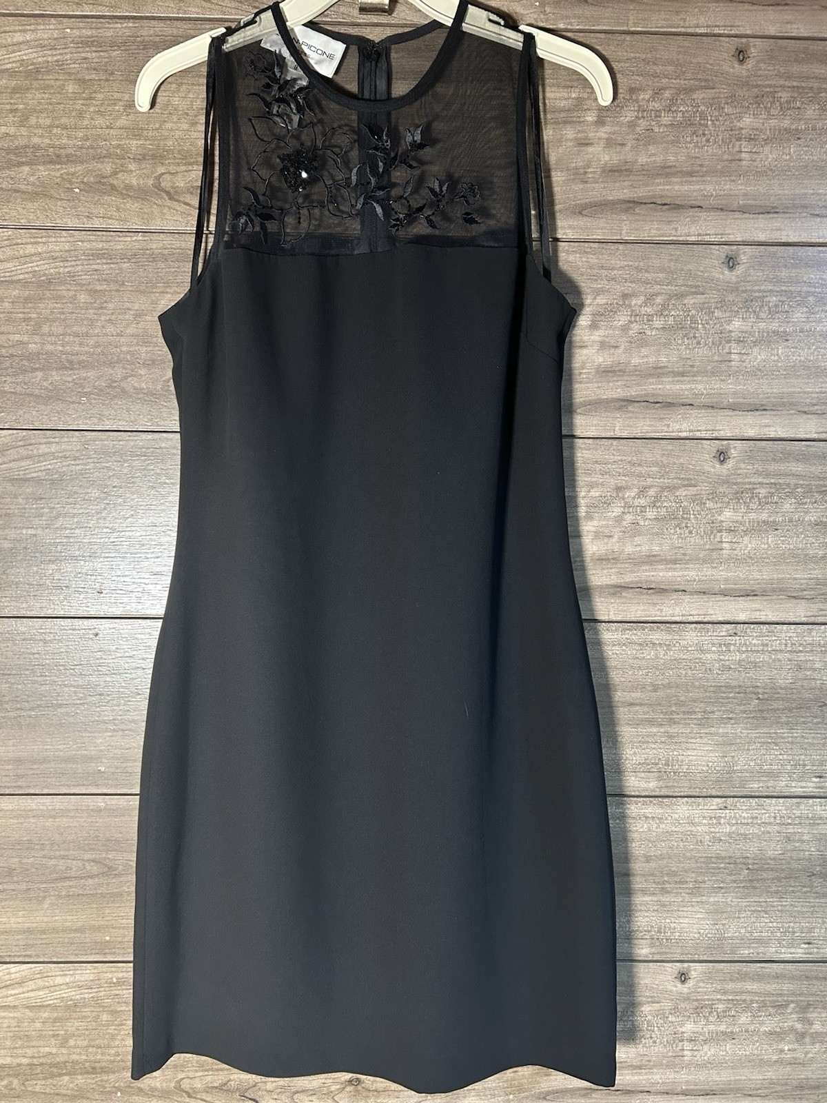 Y2K Evan-Picone Black Sheath Cocktail Dress Mesh Yoke W/Embroidery&Beading Size8