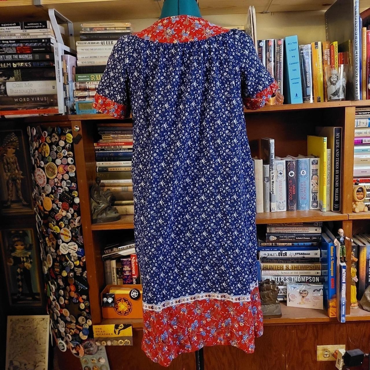 Vintage red and navy floral house midi dress.