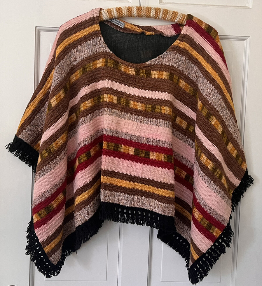 Vtg 60s 70s Unique Boho Multi Fabric Textile Fiber Art Knit Poncho Sweater S M L
