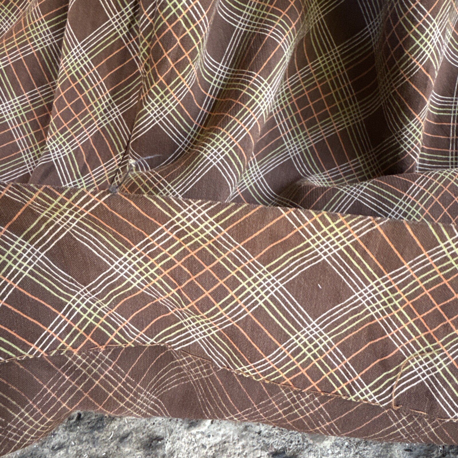 Vintage 1930s Brown Green & Orange Plaid Linen Dress Maxi Bell Sleeves Wooden