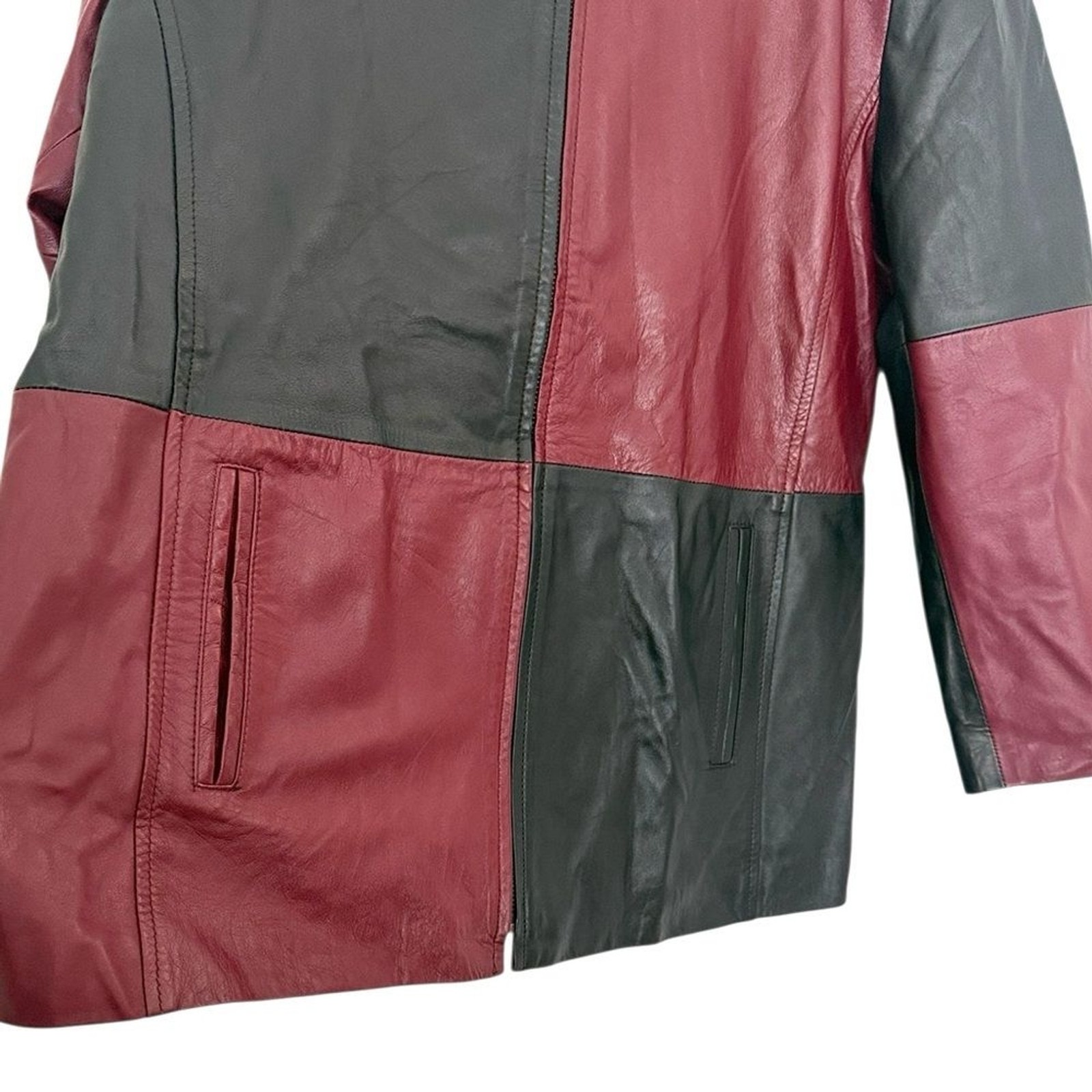 Forenza Vintage 80s Italian Black Wine Red Color Block Leather Jacket Sz XL