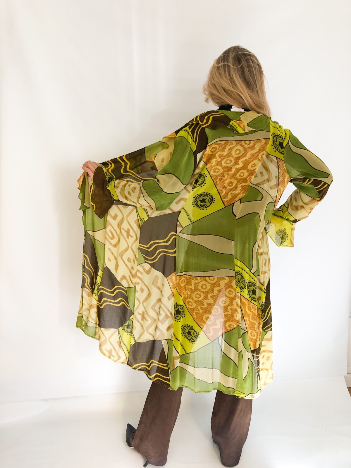 Kimono Duster chiffon maxi cardigan long cover up dress Vintage Sheer Robe SZ L