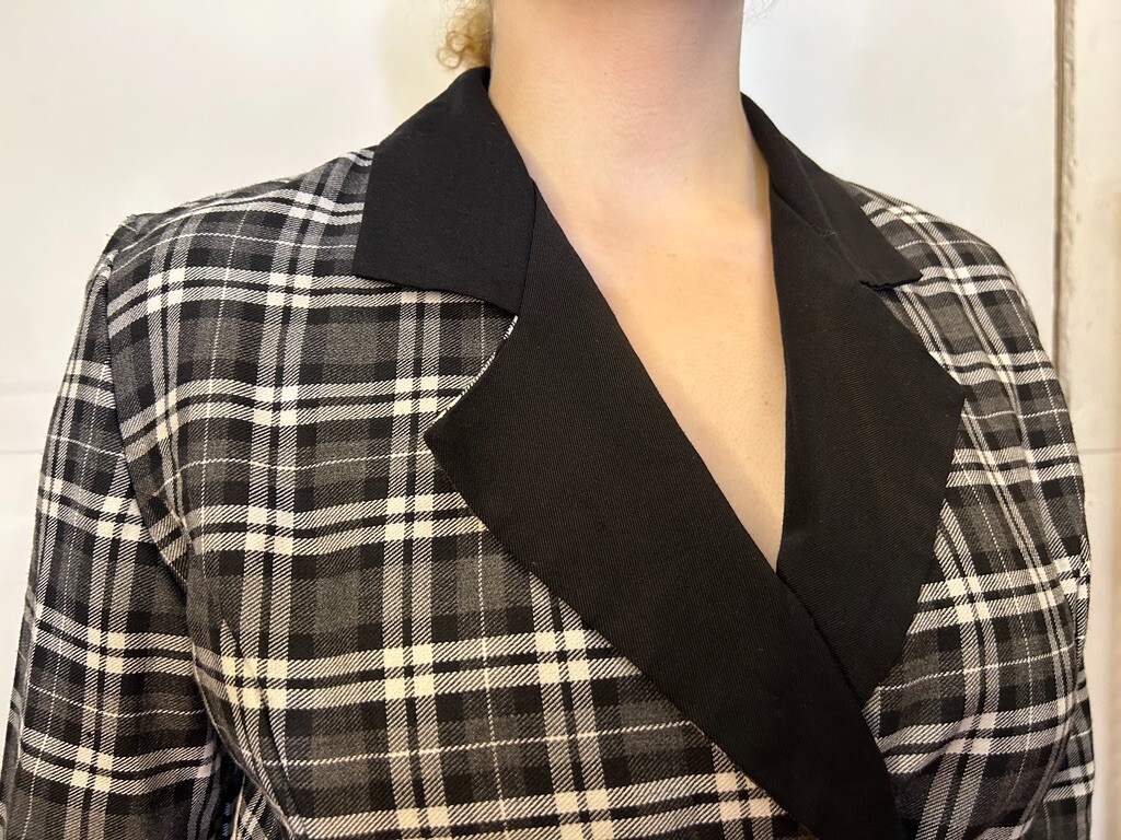 Vintage Australian 1980s Ozti Black White Plaid Blazer Double Breasted AU 8/S