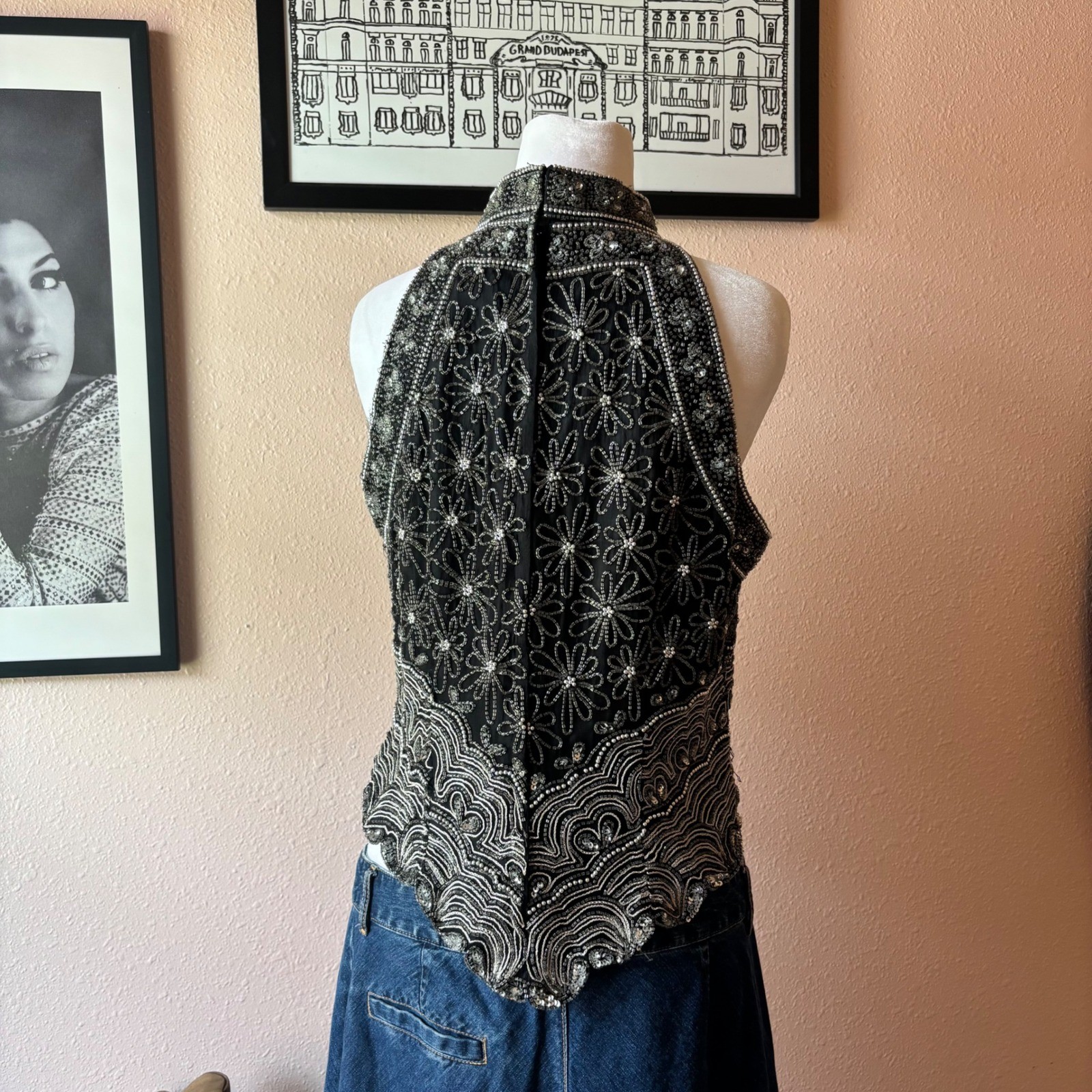 Vintage Papell Boutique Silk Beaded High Neck Blouse