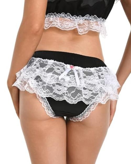 Frilly Sissy Soft Lace Knickers Briefs Satin Panties XX-Large Black – White