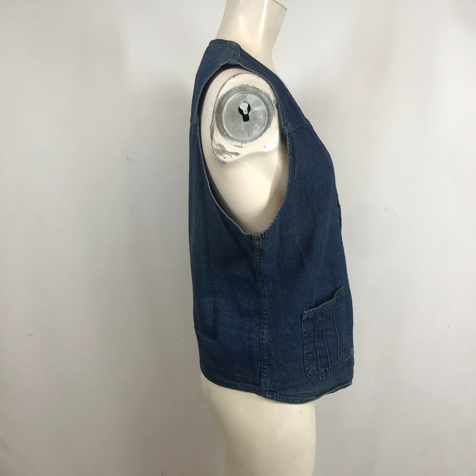 Vintage LEVI STRAUSS Dark Wash Denim Vest Green StitchButton Front Western Blue