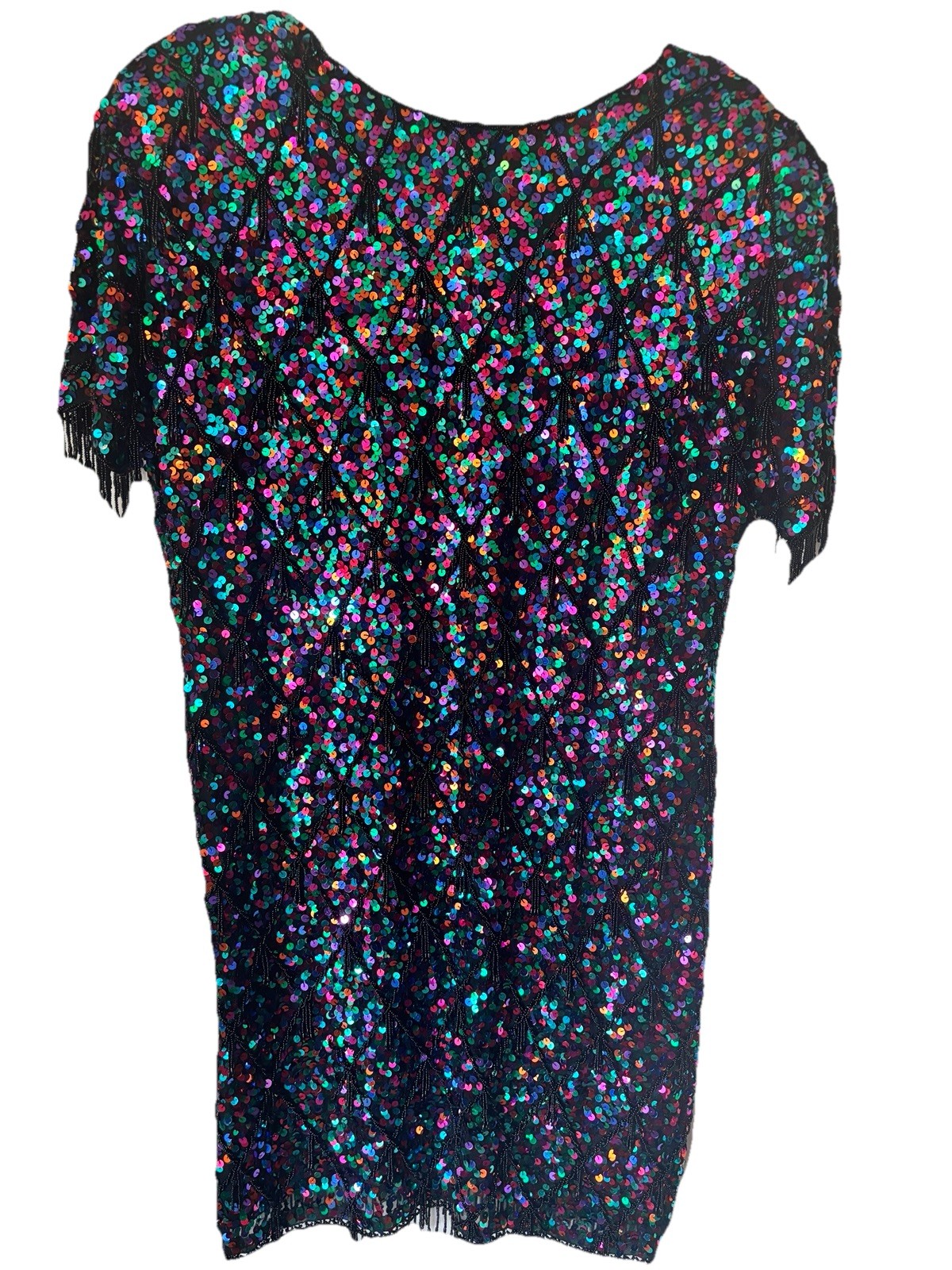 VTG Oleg Cassini Black Tie Silk Sequin 90’s Party Fringe 14 Glamour Dynasty