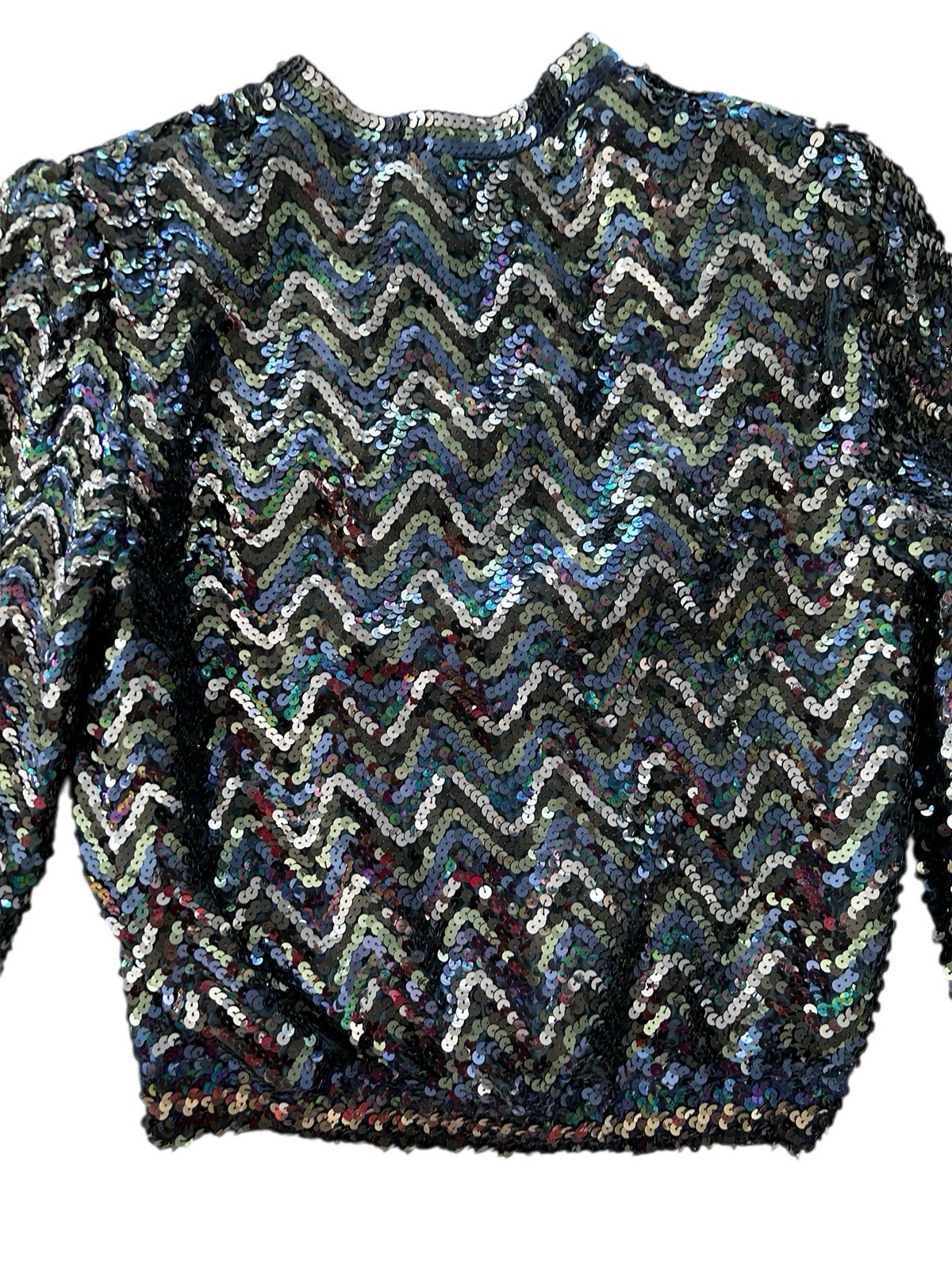 Vtg 70s 80s THREE FLAGGS Blue Green Sequin Button Front Jacket XS/S Disco Glam