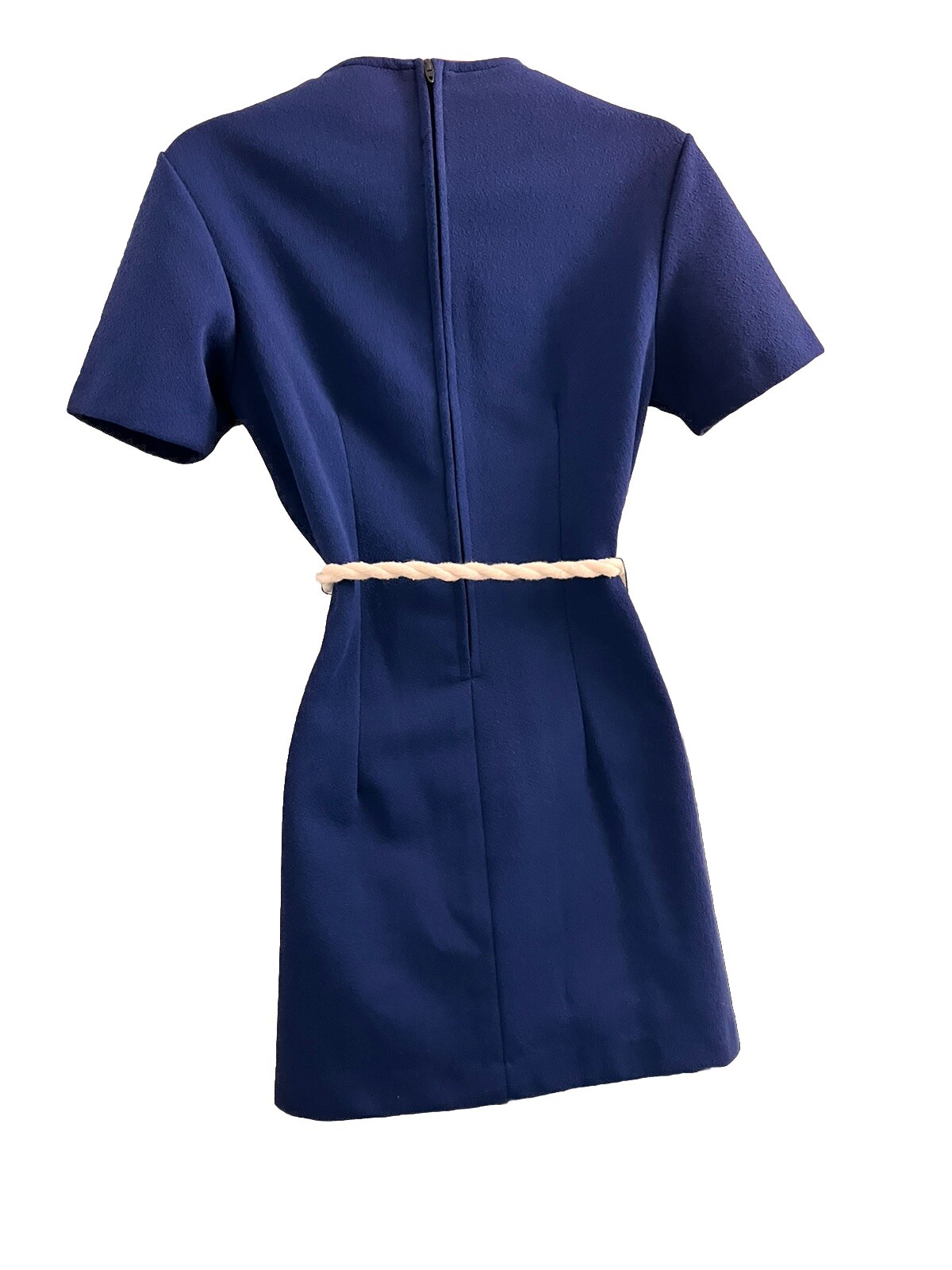 1970s Retro MINI DRESS-Navy Look-Anchor Motif-Side Slits-Braided Rope Belt-Sz 8?