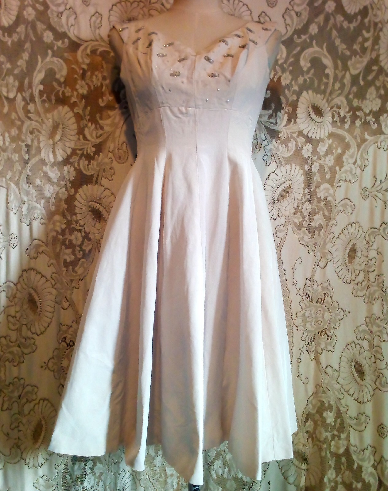 VTG 1950s Cocktail Dress Faille Fit To Flair w/ Full Circle Skirt Beaded Top XXS