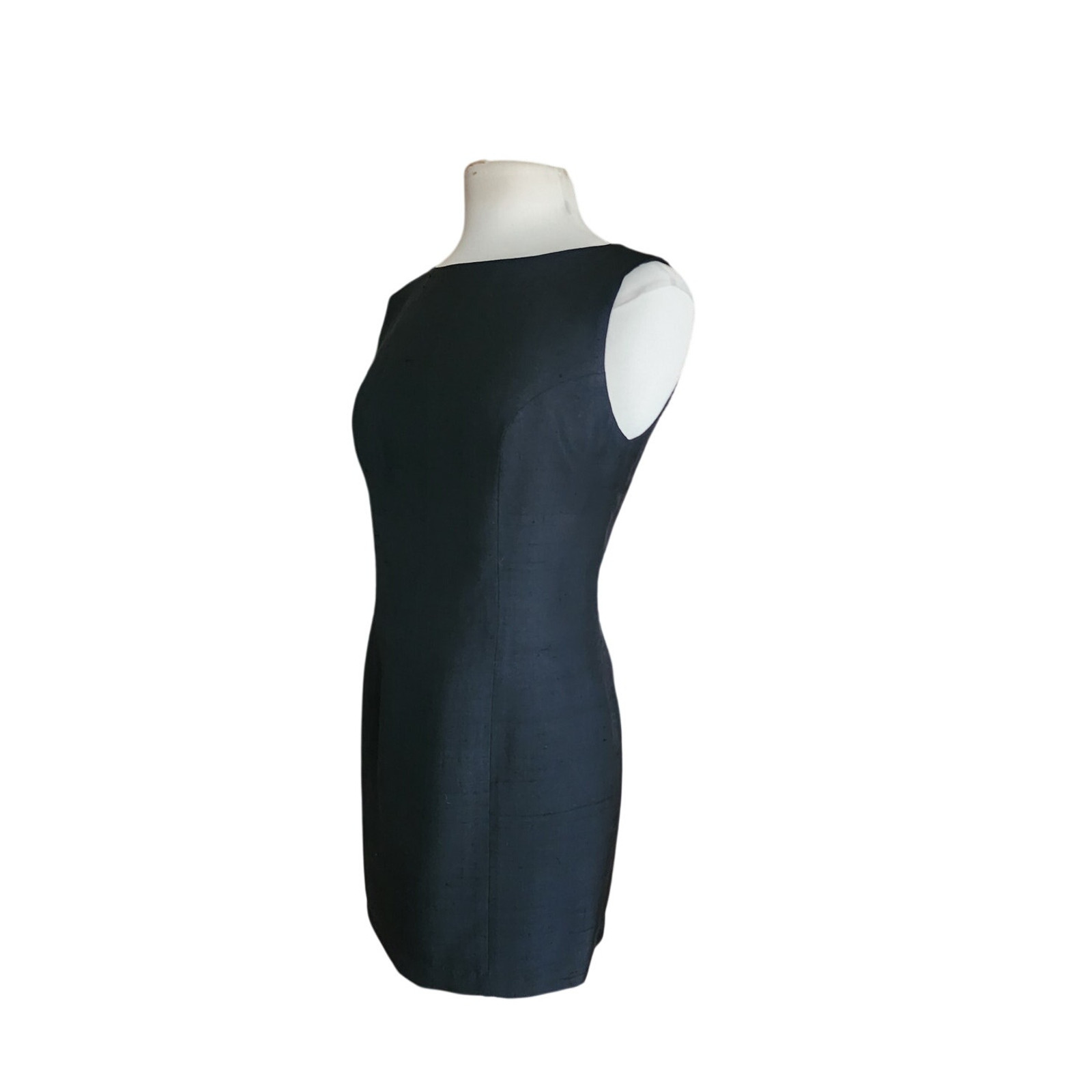 Vintage 90s Minimalist Dress Black Raw Silk Sleeveless Shift