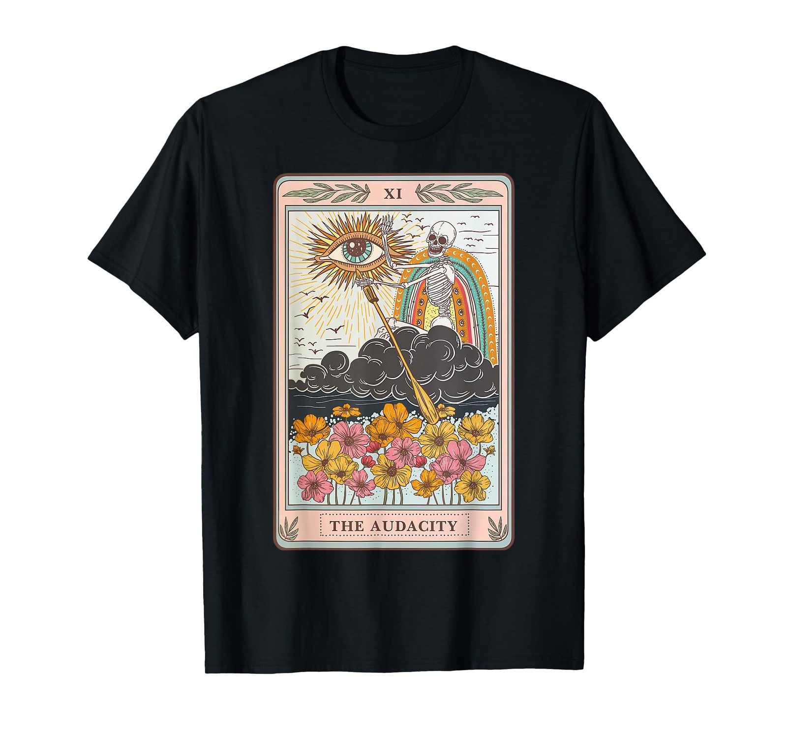 Retro Skeleton Riding Cloud The Audacity Tarot Card Rainbow Small, Black