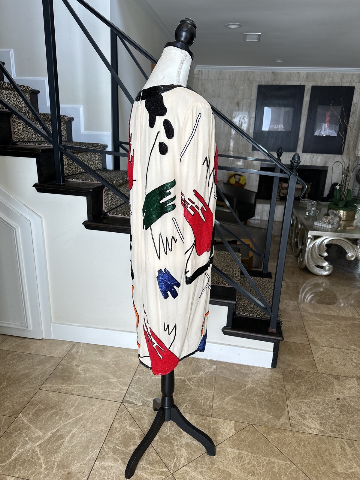 Fabrice Silhouettes 80s Ivory And Vibrantly Colored Beaded Shift Dress 10