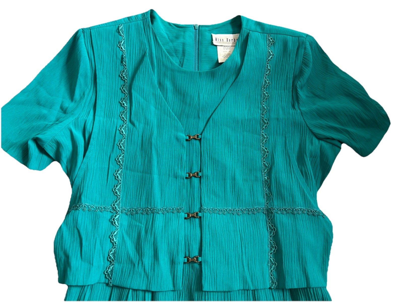 VTG 90s Miss Dorby Teal Dress 16 Career Midi Crinkle Rayon Faux Vest Cottagecore
