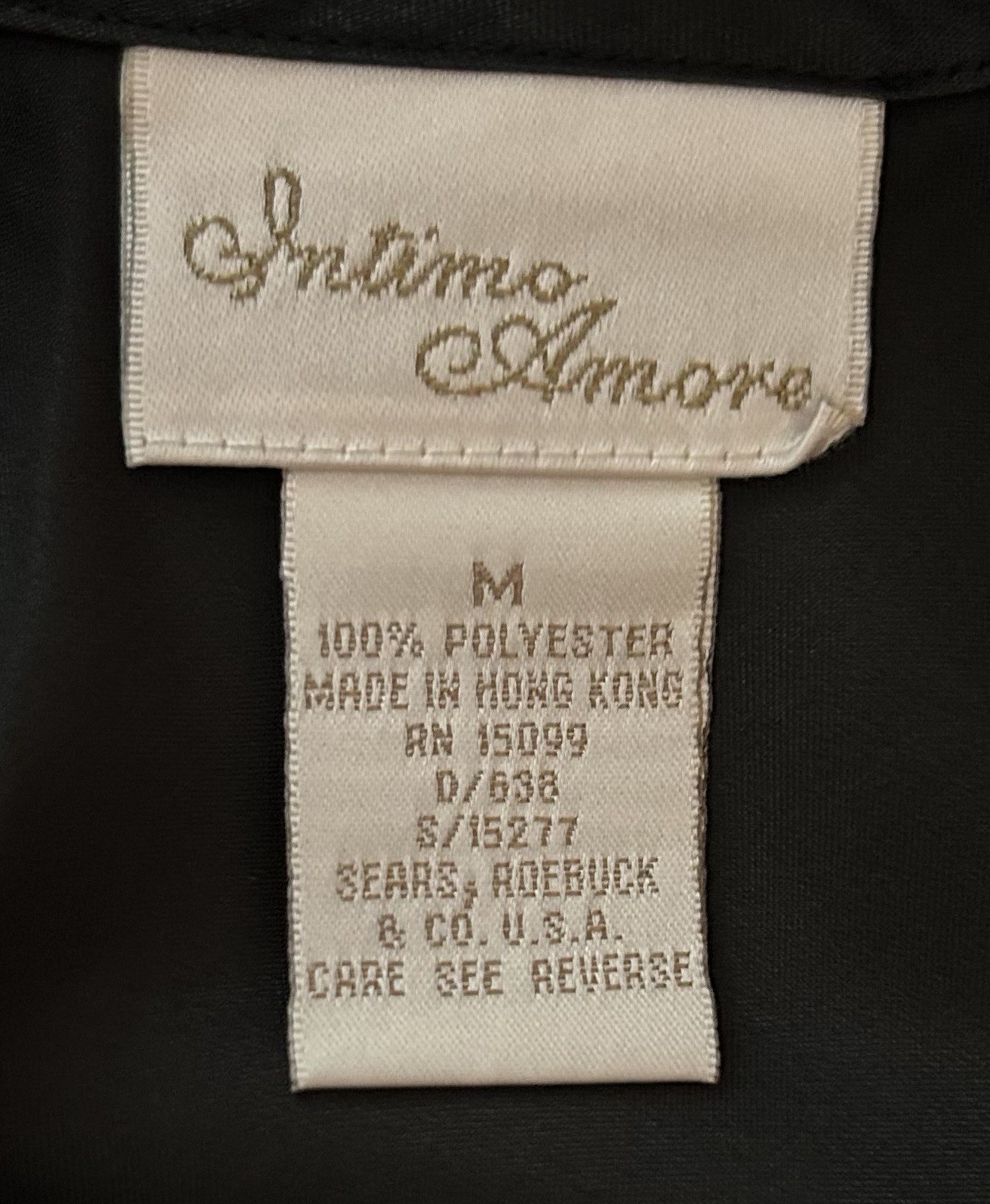 SEARS INTIMO AMORE Black Shiny Satin Sheer Embroidery Lace Long Nightgown M NWOT