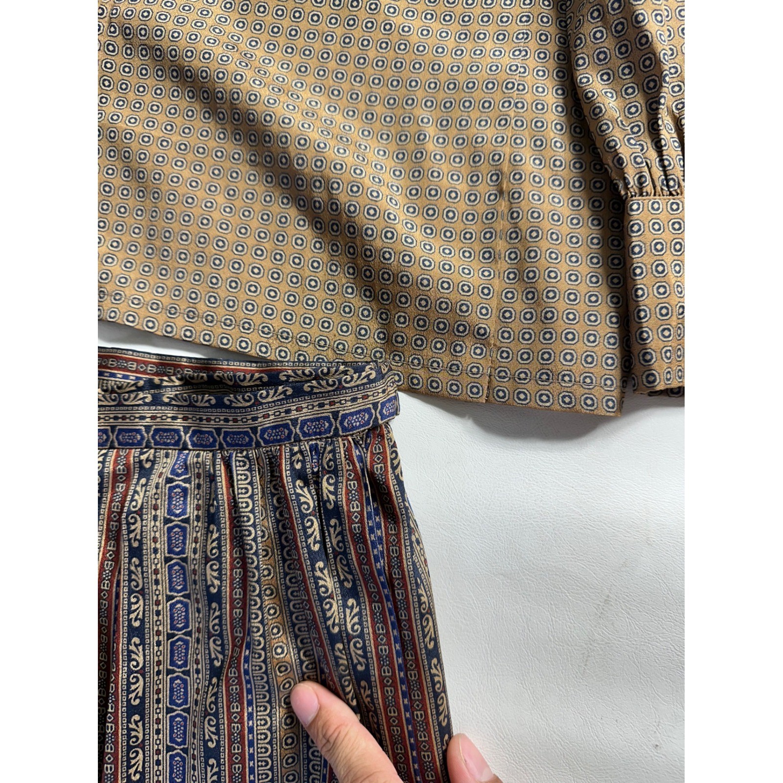 Dalton Vintage 2 Piece Skirt Set Brown Geometric Button Up Blouse Pleated Midi