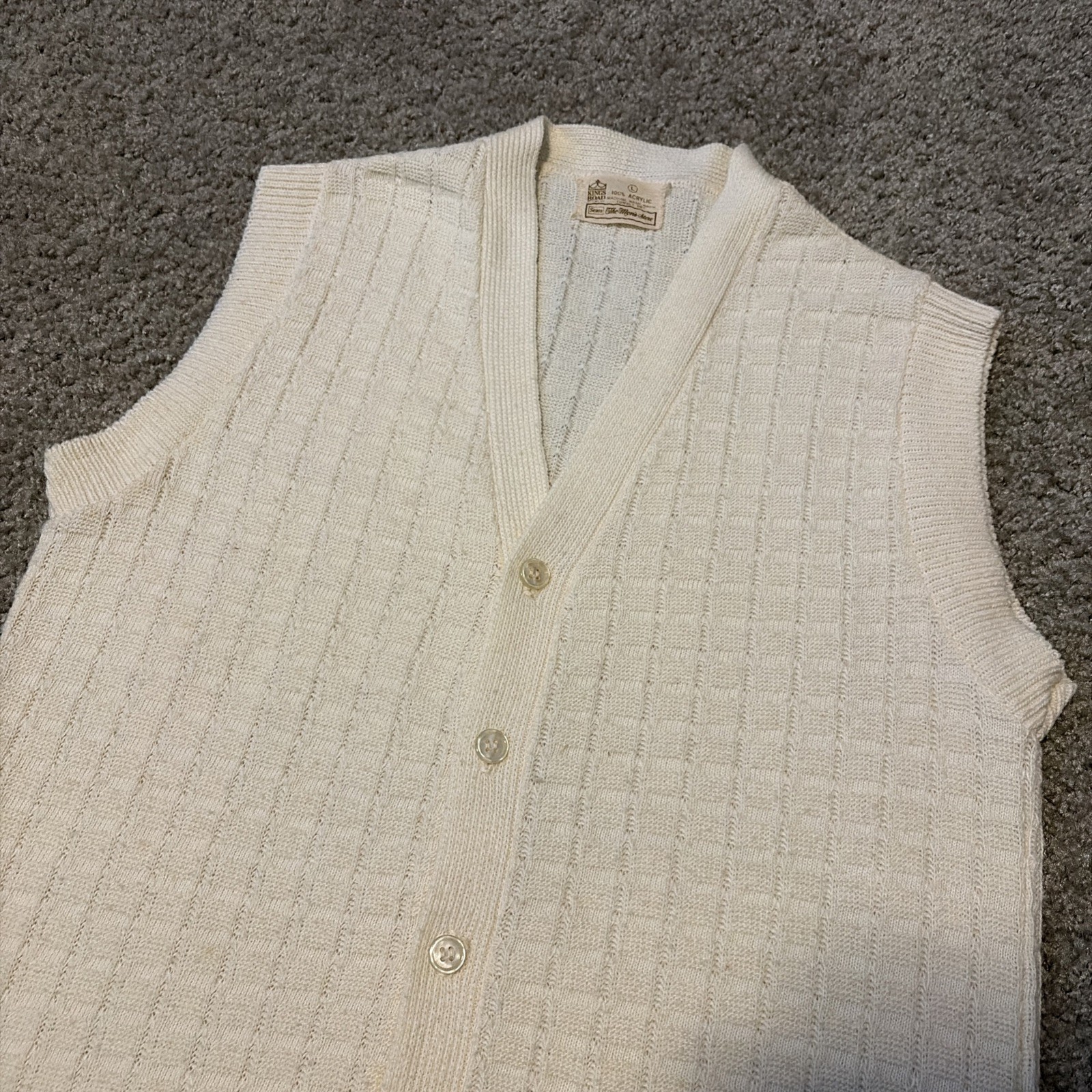 Vintage 60s Kings Road Acrylic Knit Cardigan Sweater Vest White Large