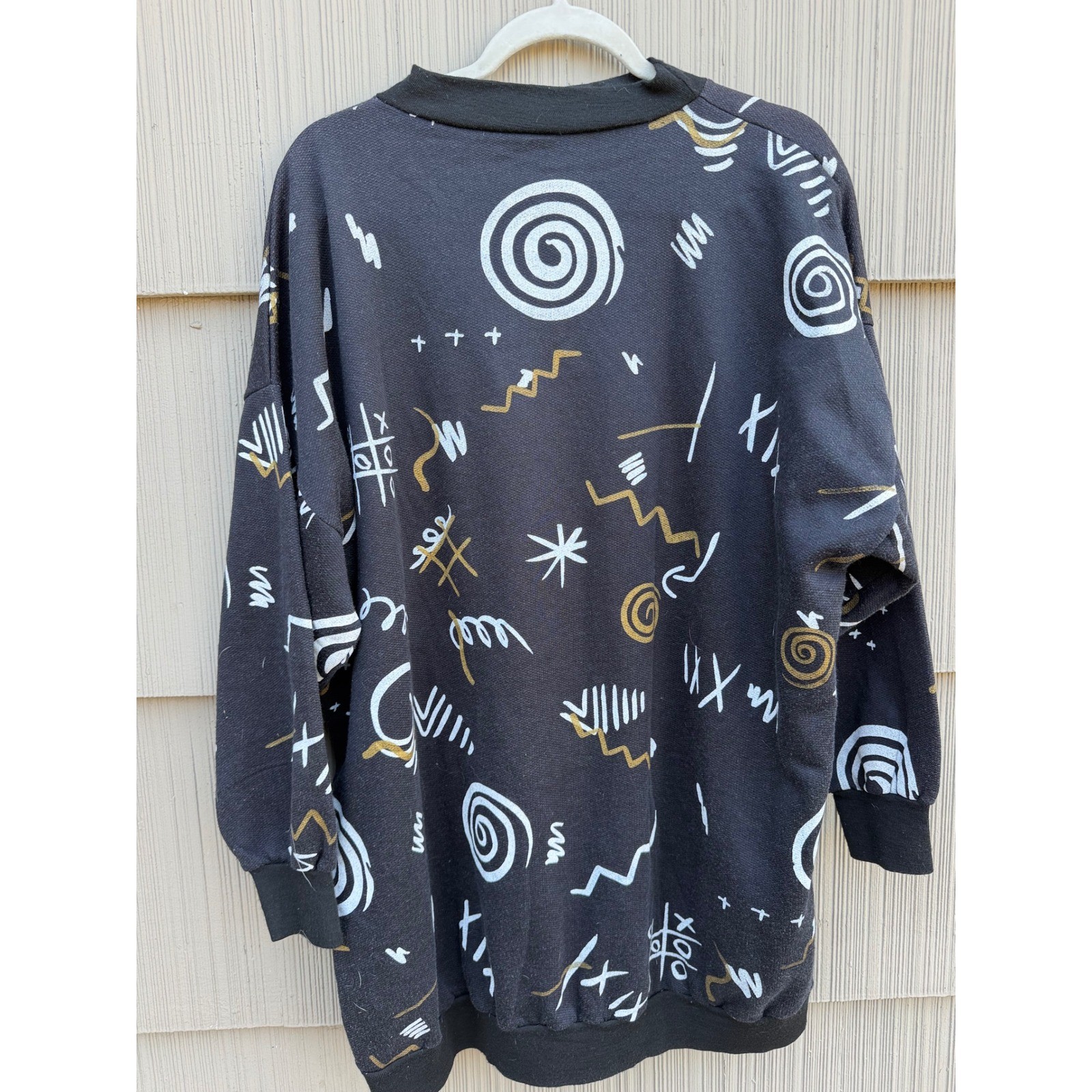 Vintage 80s Memphis Art Abstract Doodle Sweatshirt XL Black Made in Italy Tunic
