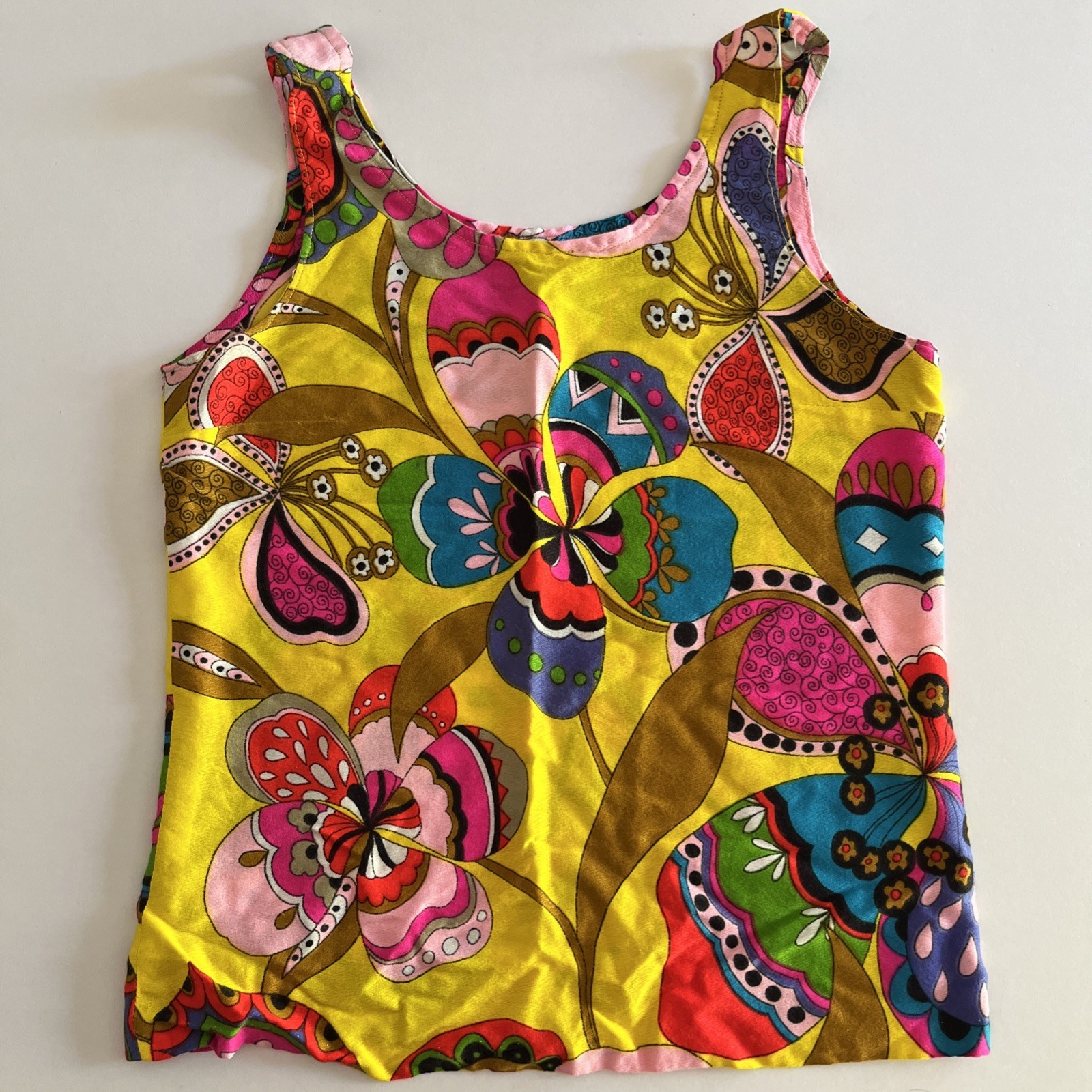60s Vintage Yellow Top Shirt Floral Pattern Bright And Multicolored Handmade!