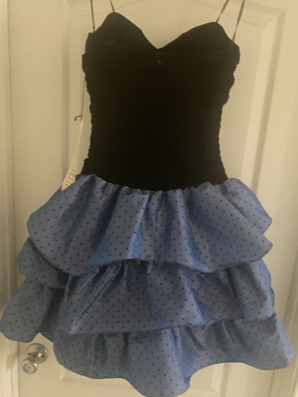 VTG Y2K My Michelle Strapless Black Velvet Bodice Polka Dot Tiered Dress 11/12