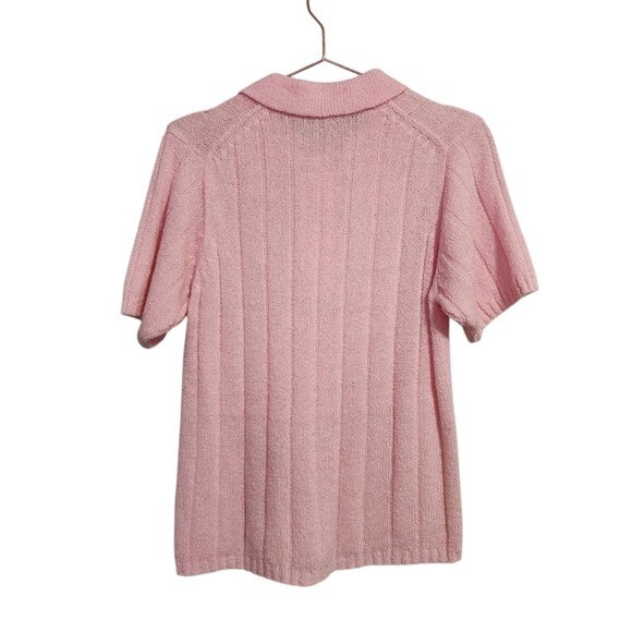 VINTAGE 70’s bubblegum pink acrylic knit pointed collar short sleeve sweater top
