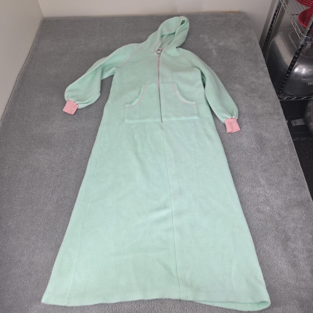 Vtg Medium Zip Pockets Robe/HouseCoat Sears Mint Green Fleece Hooded Pj’s Soft