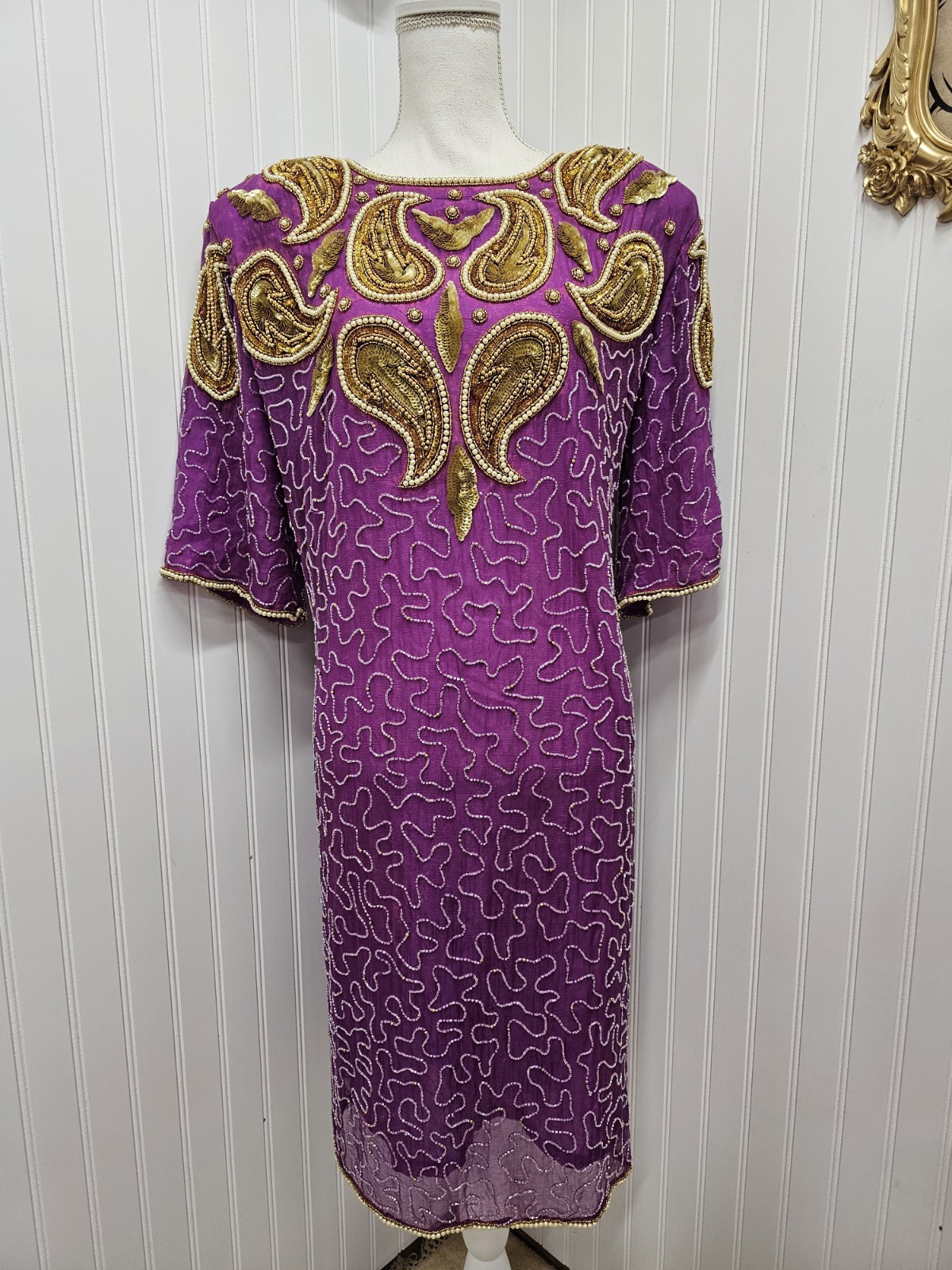 Vintage Midnight Run Beaded Purple Gold Dress XL