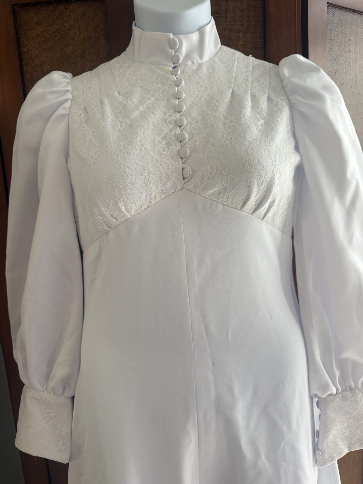 Handsewn 70s Prairie High Neck Wedding Dress Long Puff Sleeves Fits S Train