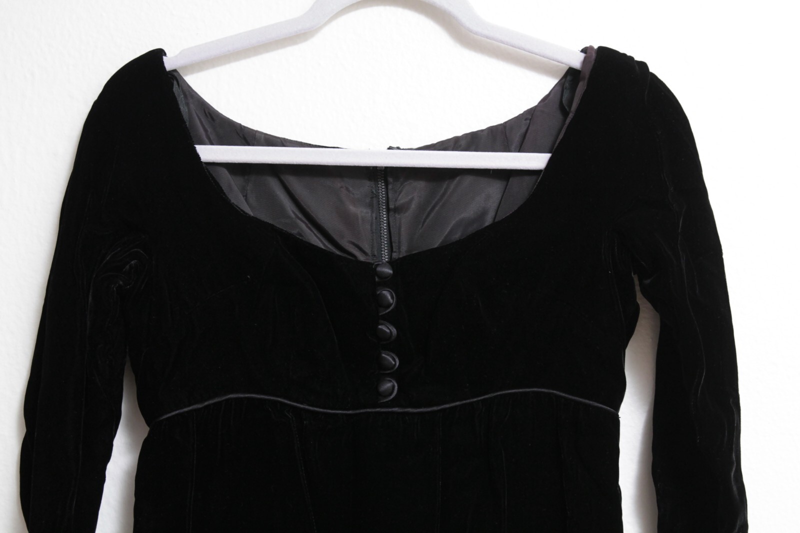 Vintage I. Magnin Black Velvet Dress Zipper Button Sleeves Empire Waist Size Sm