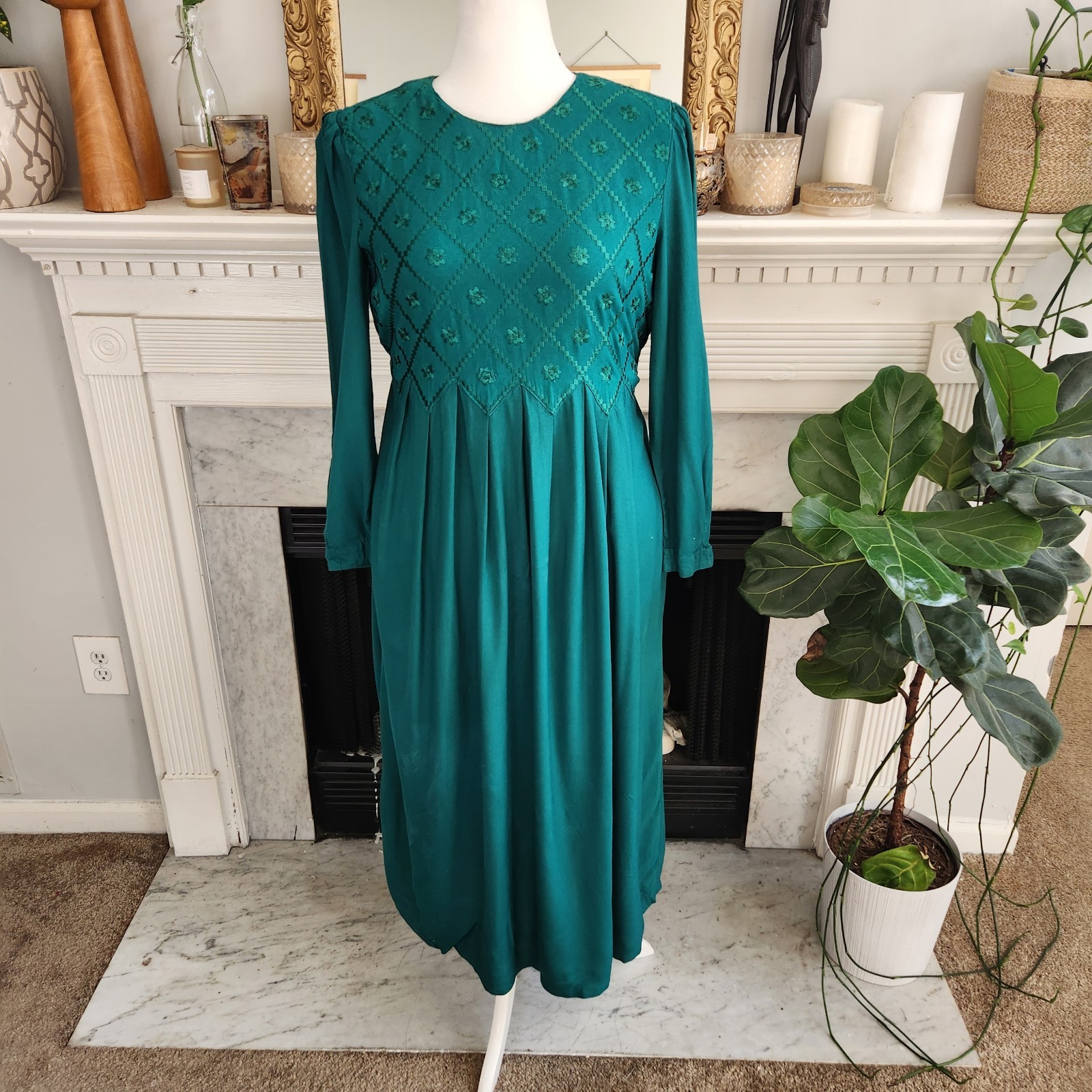 Vintage 90s Green Maxi Dress Sz 12 Boho Floral Embroidered Modest Edwardian