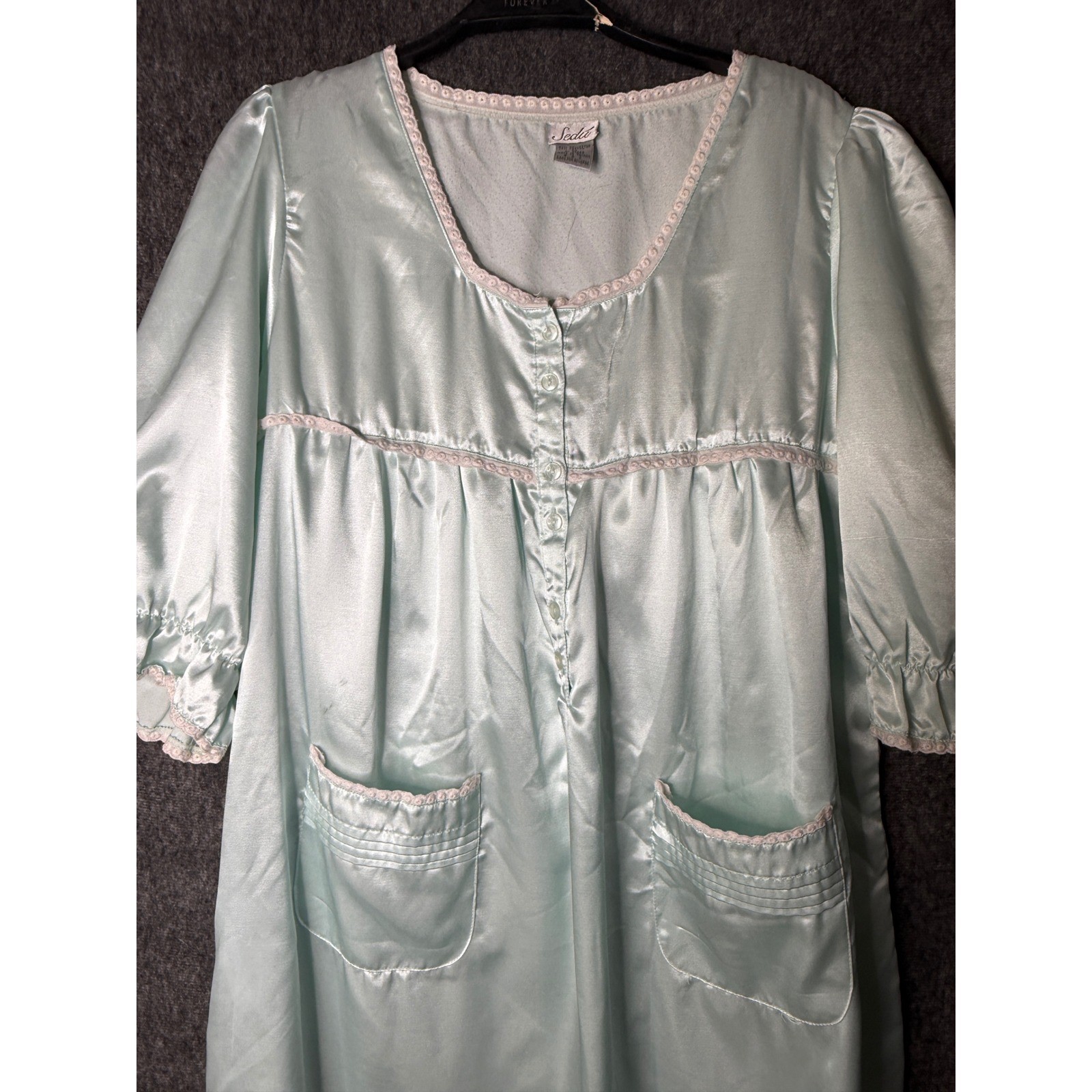 Sedu Vintage Mint Green Satin Eyelet Lace Nightgown Ruffle Hem Womens Medium