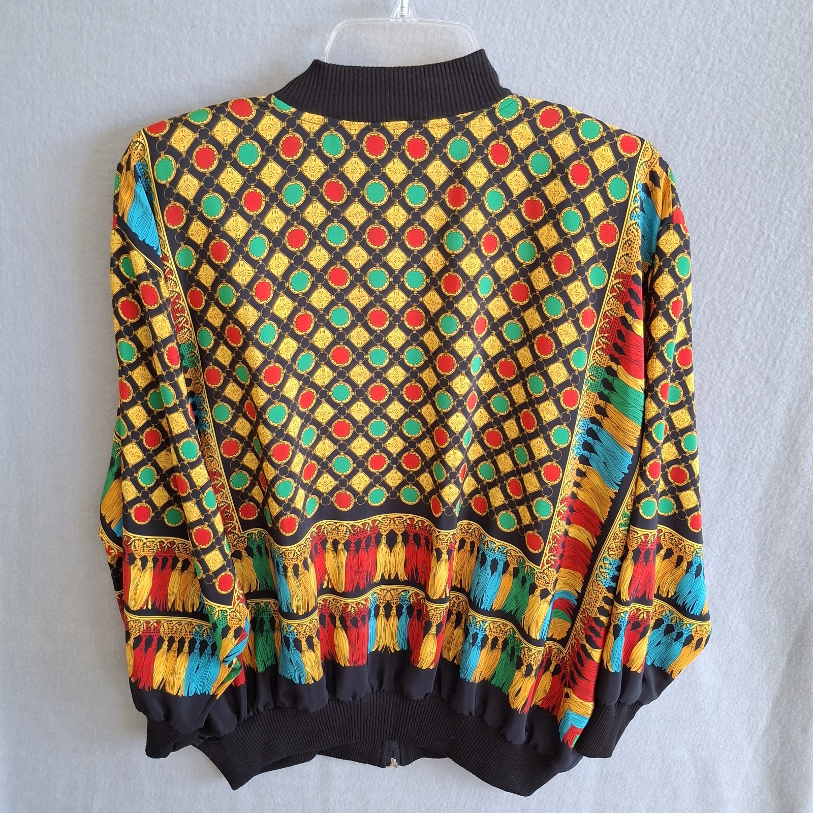 Vtg 80s Peter Popovitch Bomber Jacket Tassel Print Baroque Art to Wear M USA