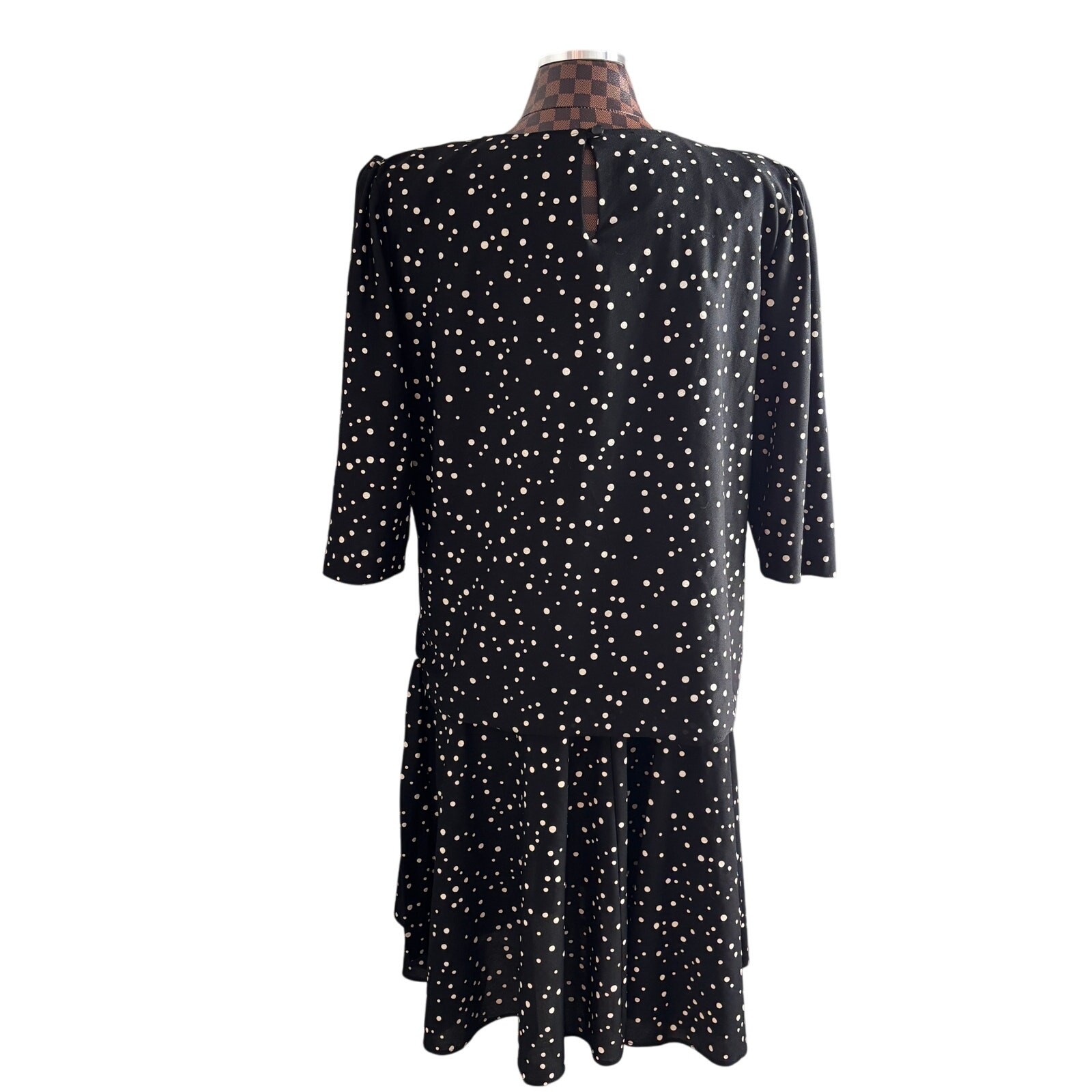 Vtg 80s California Looks Dress Size 16 Black White Polka Dot Layered Shift Retro