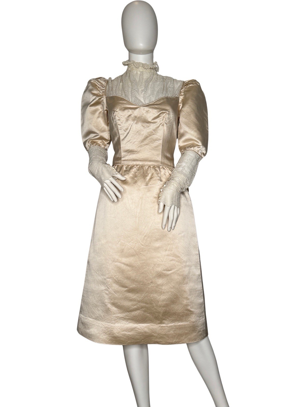 Vintage Size S Victorian Revival Wedding Dress Champagne Satin Lace Bustle Back