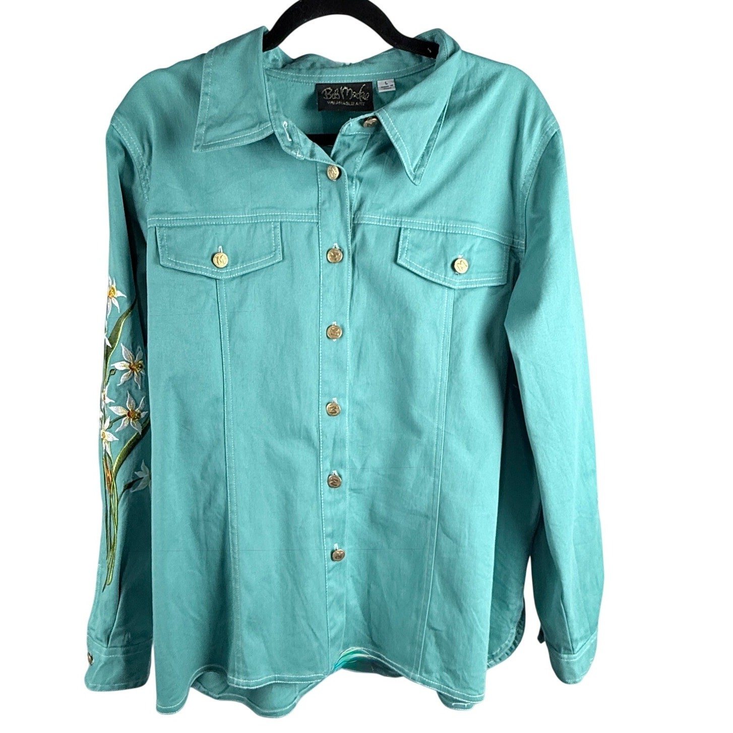 Bob Mackie Wearable Art Mint Green Embroidered Daffodil Denim Jacket Sz L NWOT