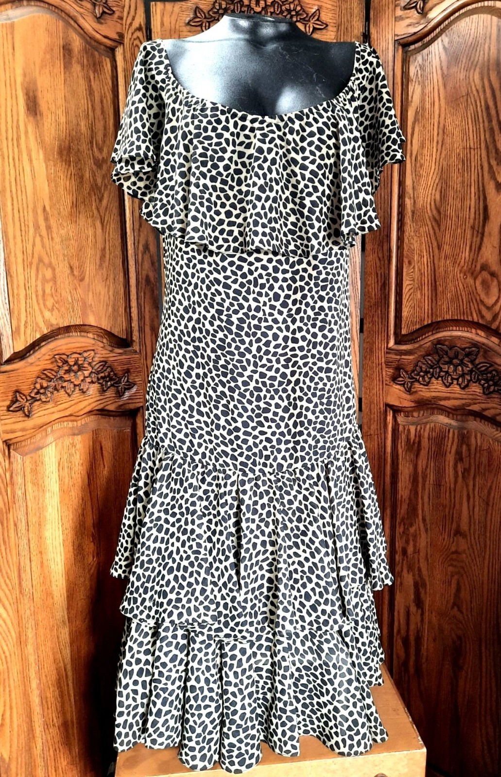 Vintage Dress Frances Henaghan Giraffe Print Sheer Tiered Midi Dress Off Shoulde