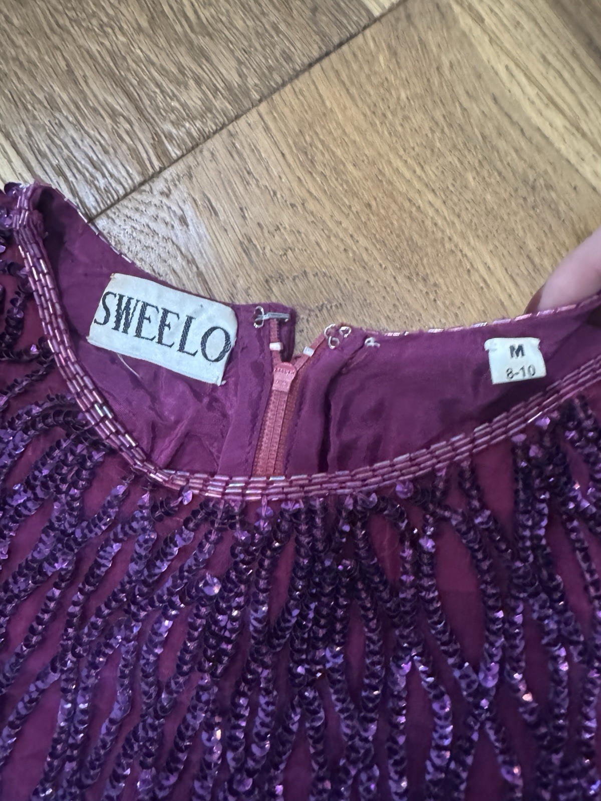 Vintage Sweelo Purple Beaded Sequin Silk Cocktail Shift Mini Dress Wm M 8 / 10