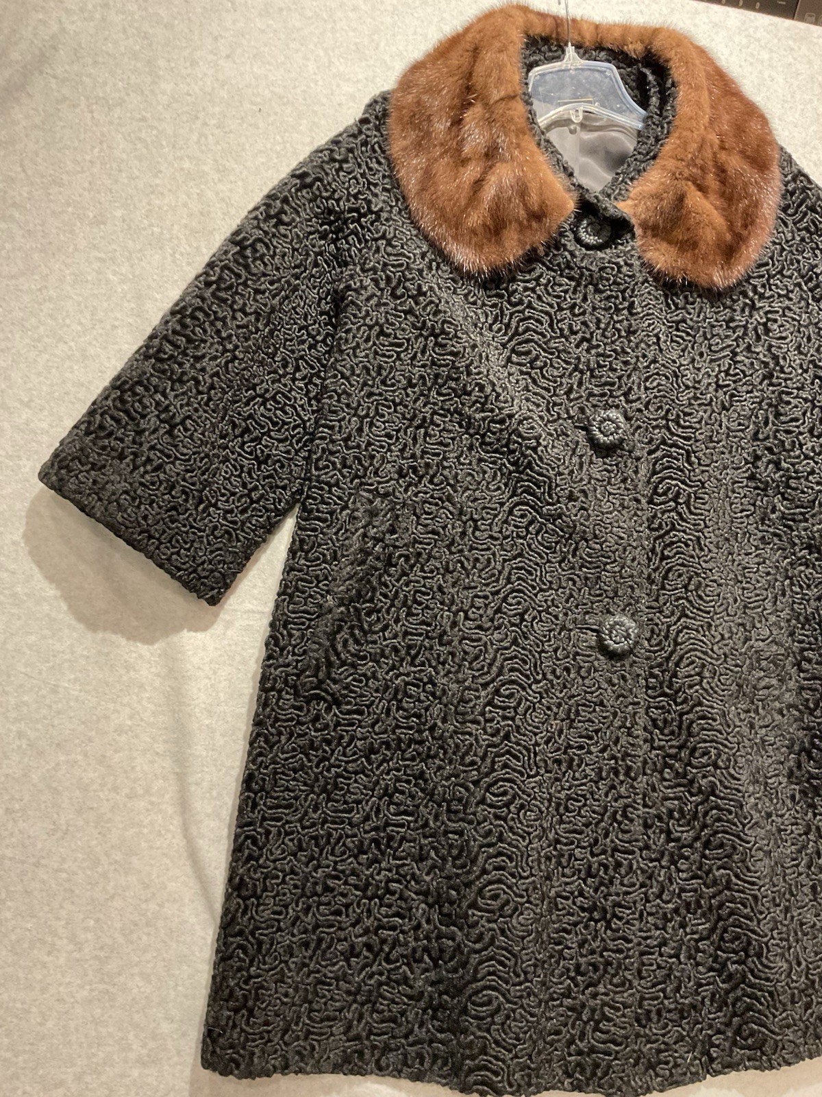 Vtg 60s Astrakin Black Curly Persian Lamb Wool Swing Coat Mink Collar France L