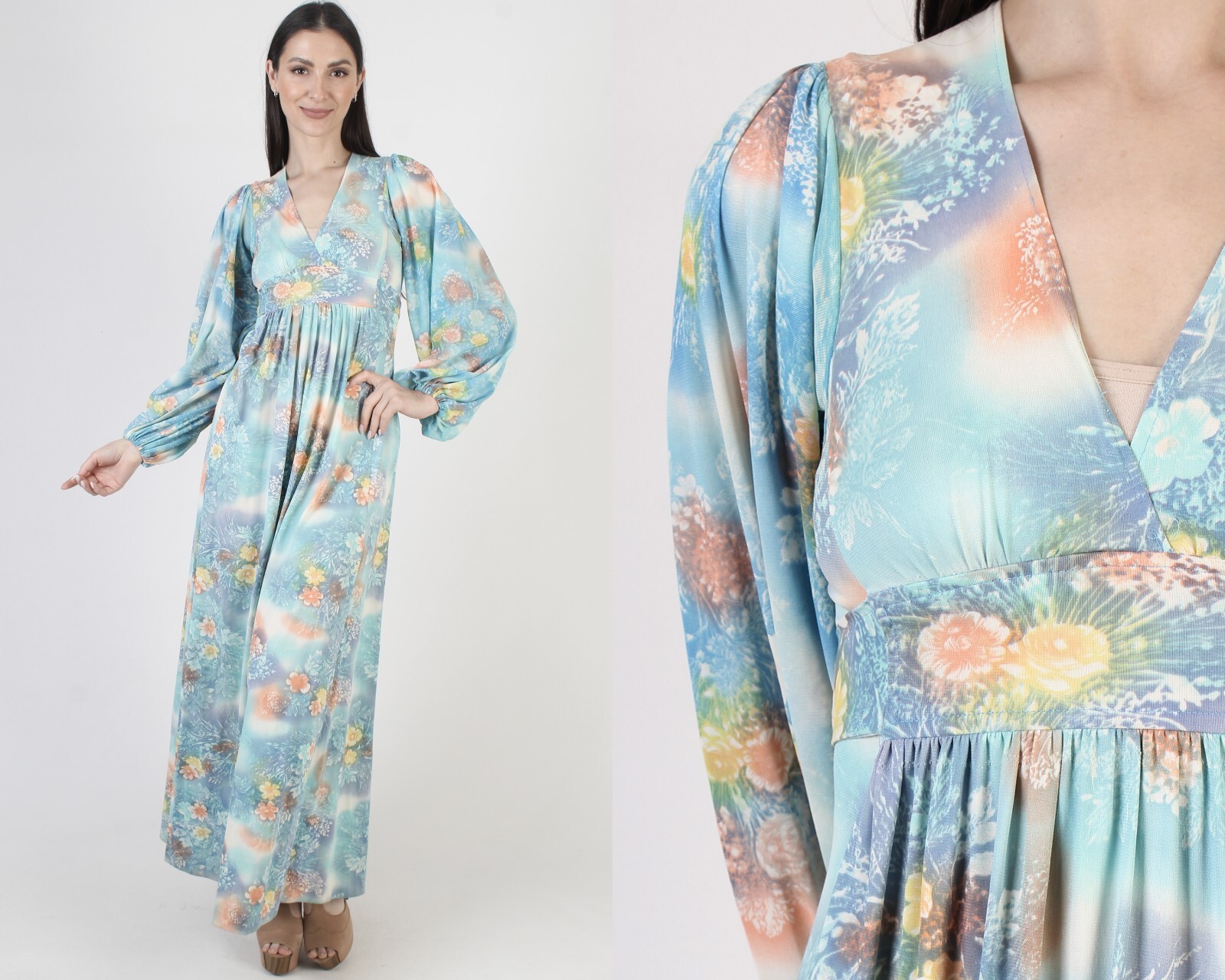 Vtg Pastel 70s Prairie Dress Poet Bell Slv Fairy Wrap Boho Wedding Maxi Gown