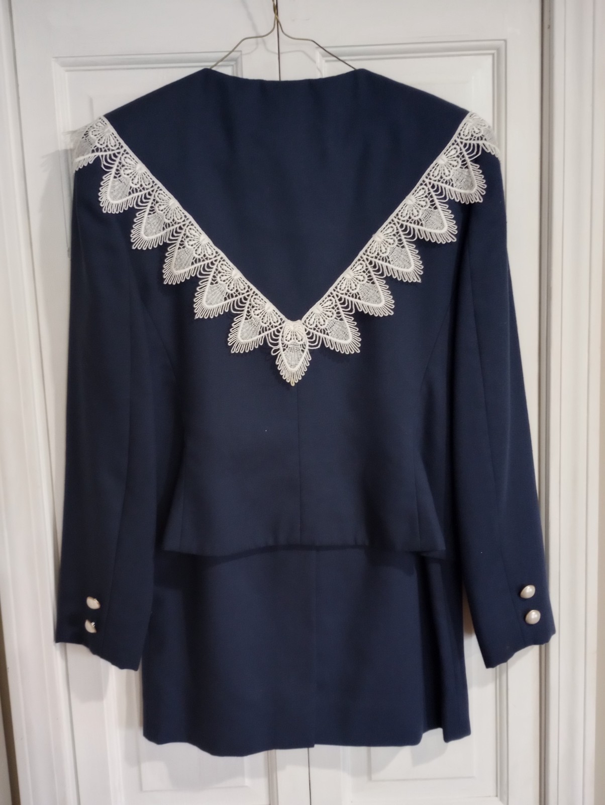 Vintage 'Cest Simone Blue Double Breasted Blazer and Pencil Skirt Set White Lace