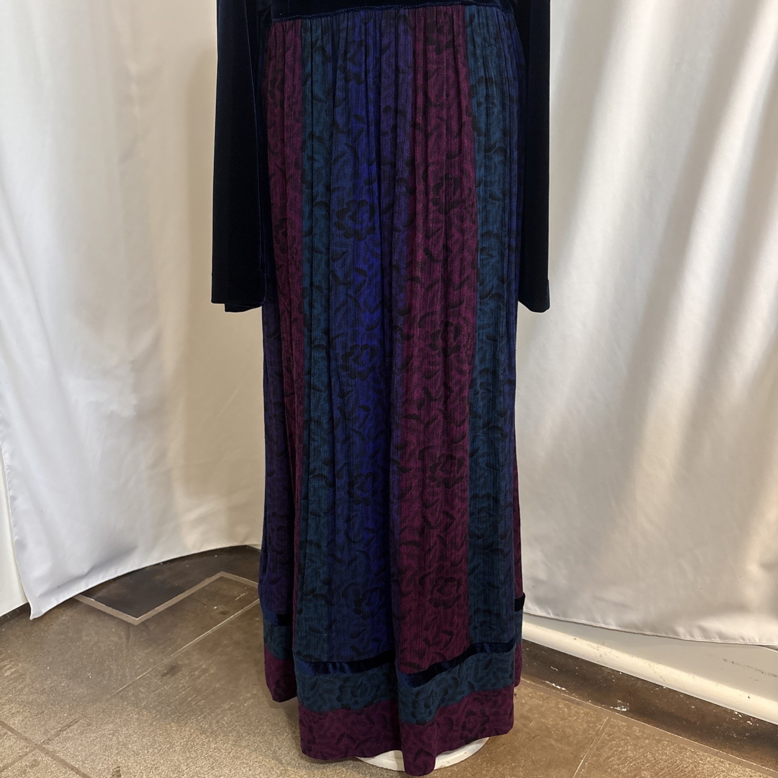 1980s Velvet Color block Midi Dress, Jewel Tone Boho Prairie Style Cottagecore