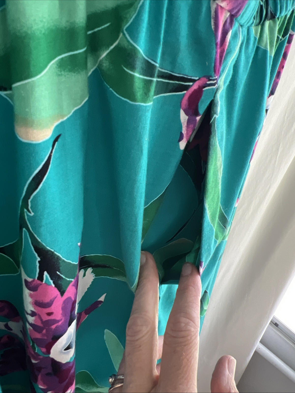 1980s Handmade One Shoulder Hawaiian Dress Teal W/Purple Orchid Flowers Size Sm