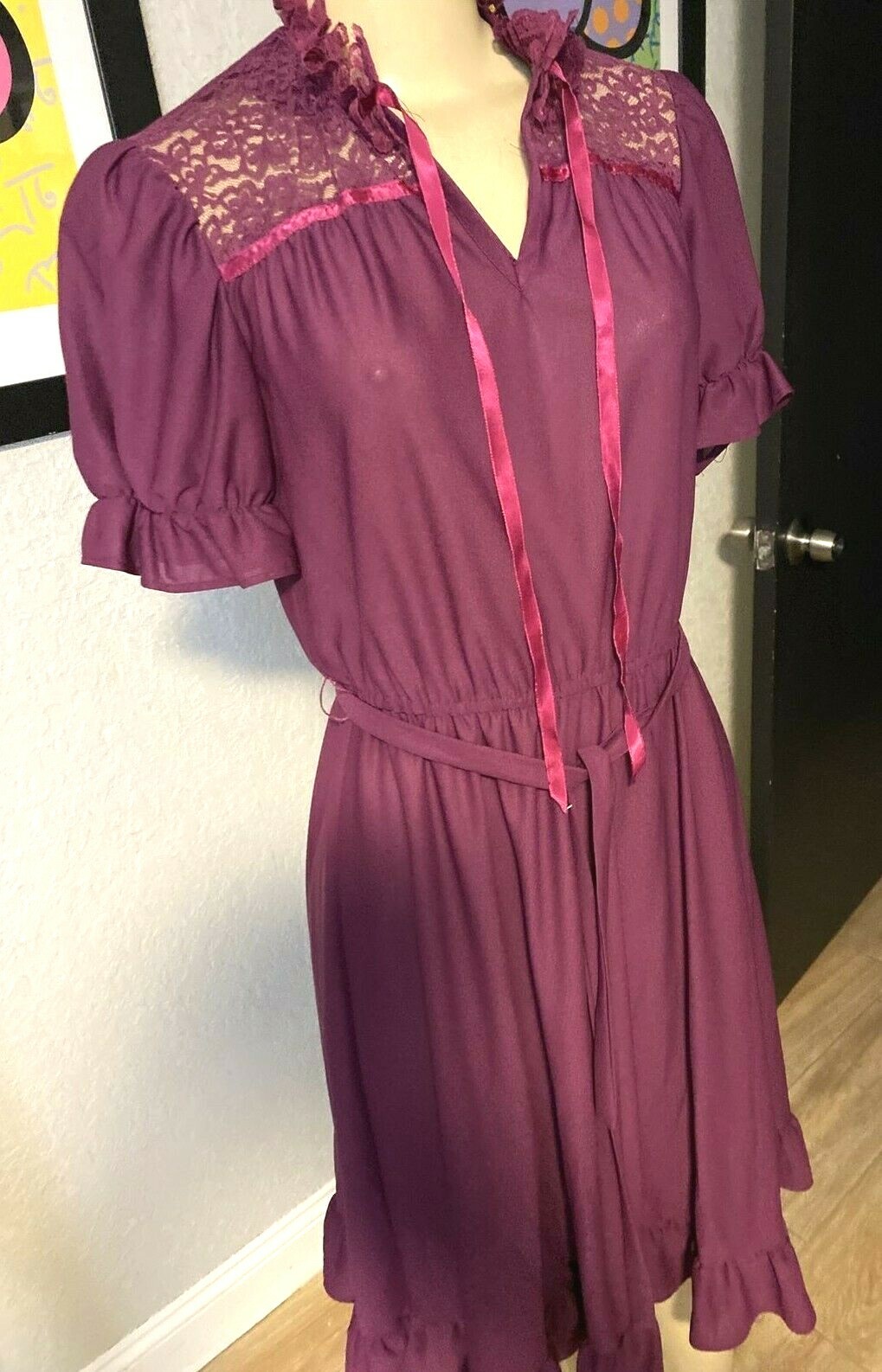 Jerri Gee Vtg 70’s S/S Lace/Ruffle Prairie Boho Victorian Dress Sz 7 PURPLE Y8