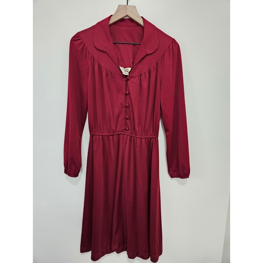 Vintage Sears The Fashion Place Burgundy Red Long Sleeve Button Front Dress 14