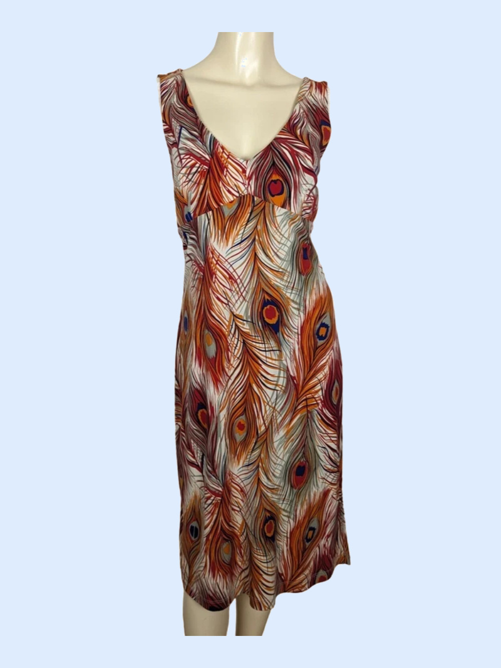 BCBG Dresses Large orange blue Peacock Feather print Vintage Empire Waist Y2K