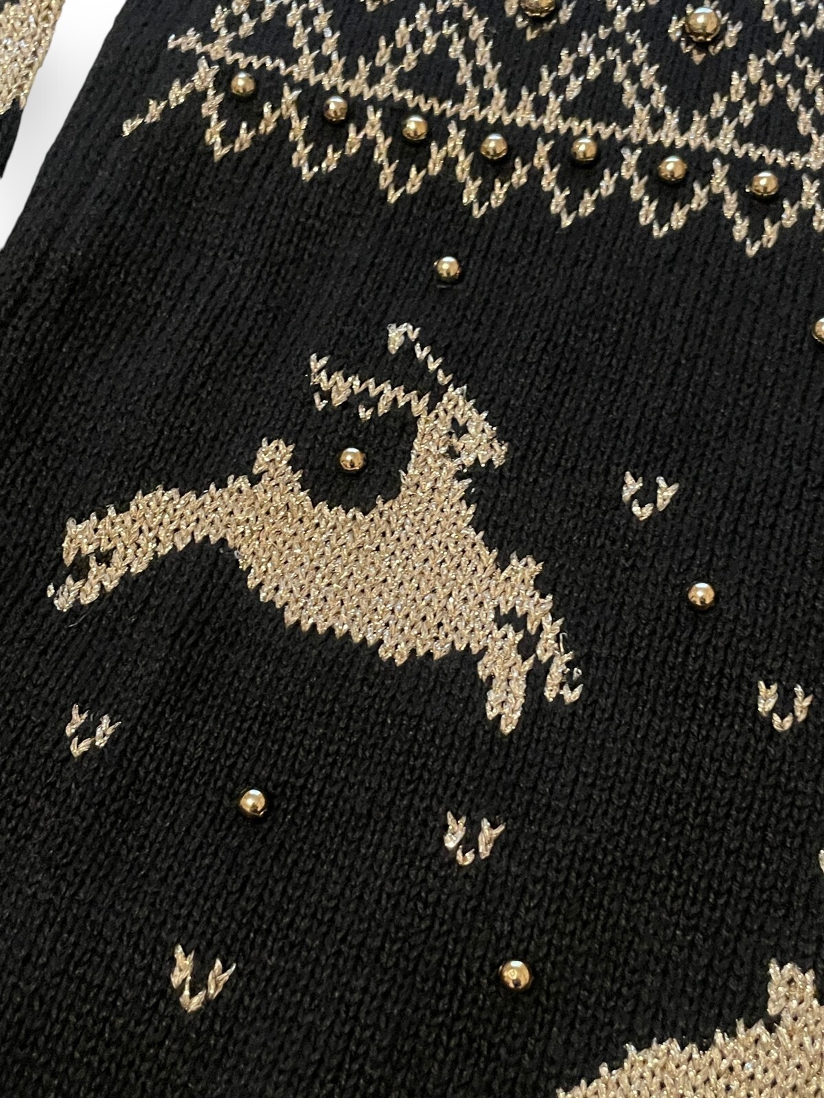 VTG Women’s EMINENT Black & Gold Knit Christmas Sweater Reindeer & Poinsettia M