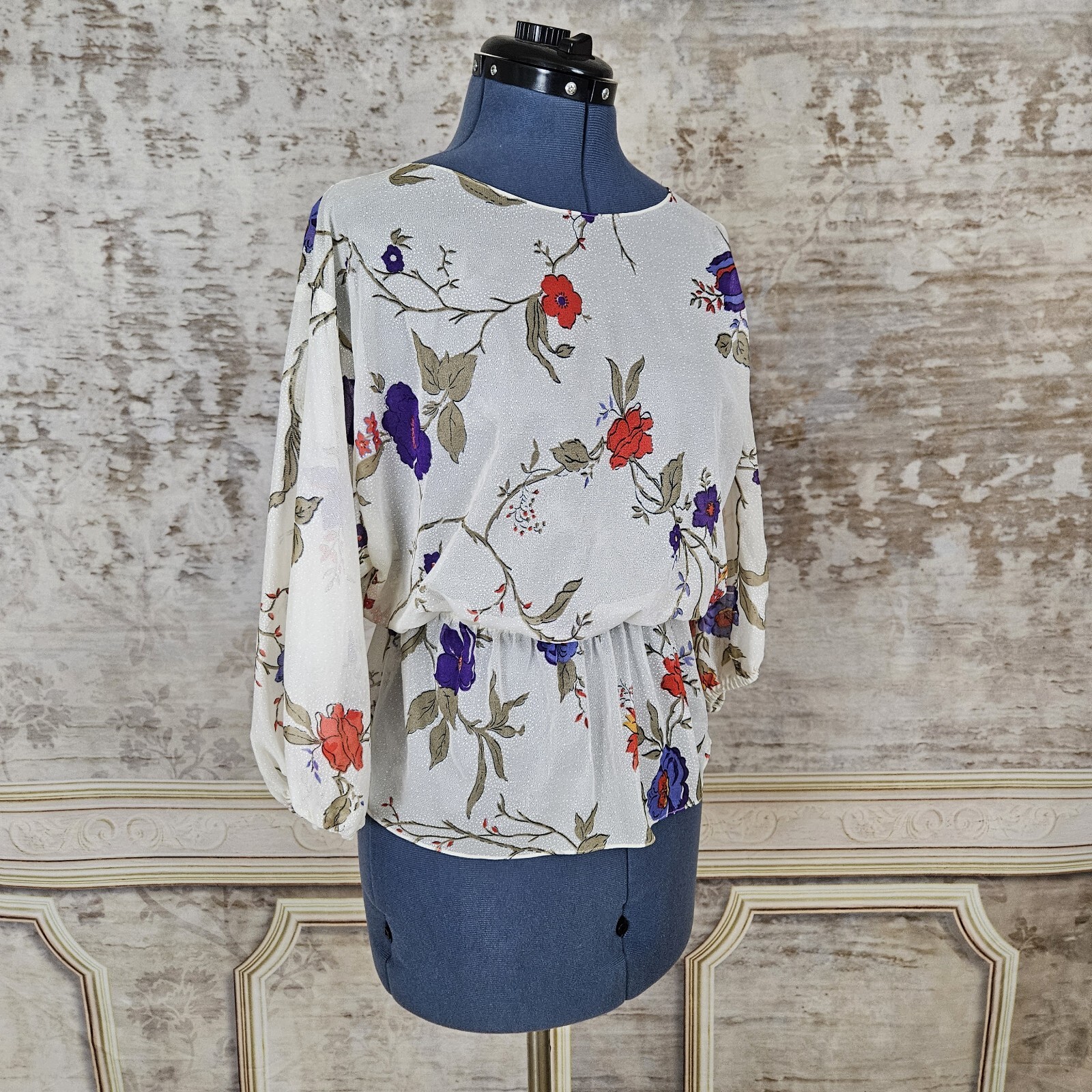 Vintage Sheer Blouse Small Floral Top Peplum 3/4 Sleeves Purple Red Ivory 1970s
