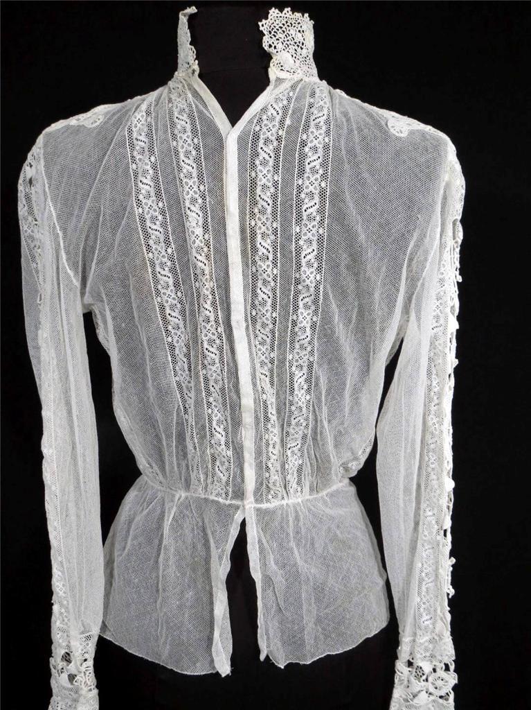 RARE ANTIQUE FRENCH VICTORIAN WHITE COTTON NET AND LACE BLOUSE SIZE 36-38